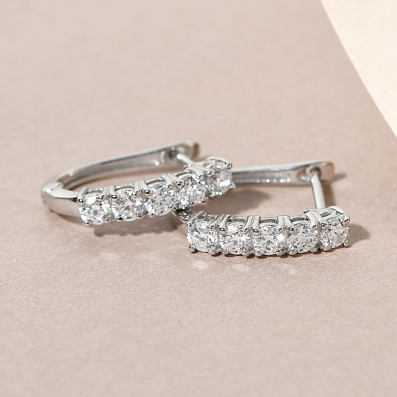 Moissanite Hoop Earrings with Clasp in Platinum Overlay Sterling Silver 1.00 Ct.